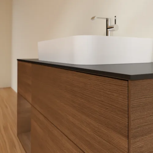 VILLEROY BOCH Toaletní skříňka Finion, s osvětlením, 3 výsuvy, 1200 x 603 x 501 mm, ořechová dýha / ořechová dýha / sklo černé matné #F412GNGN, obrázek 6