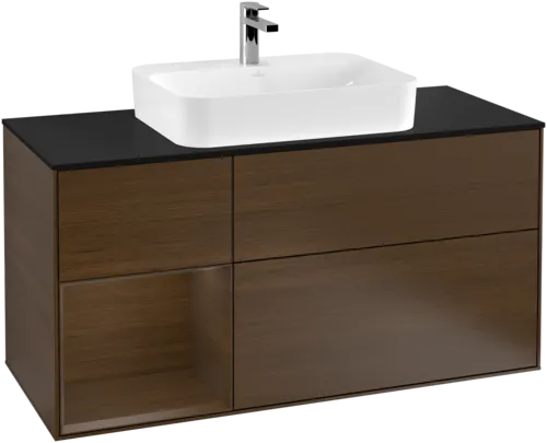 VILLEROY BOCH Toaletní skříňka Finion, s osvětlením, 3 výsuvy, 1200 x 603 x 501 mm, ořechová dýha / ořechová dýha / sklo černé matné #F412GNGN, obrázek 1