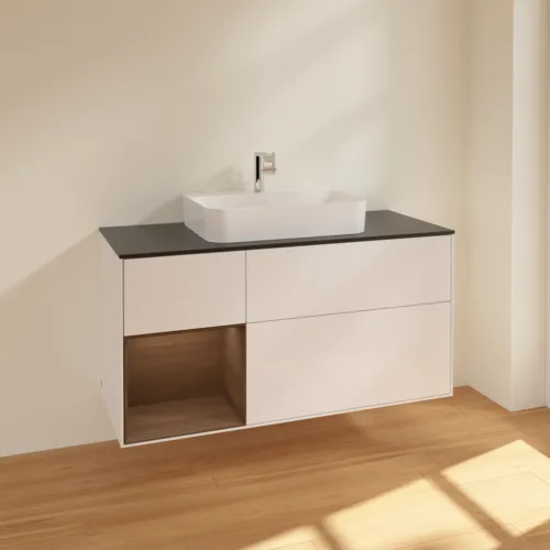 VILLEROY BOCH Toaletní skříňka Finion, s osvětlením, 3 výsuvy, 1200 x 603 x 501 mm, lesklý bílý lak / ořechová dýha / černé matné sklo #F412GNGF, obrázek 2