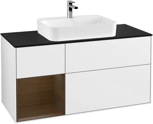 VILLEROY BOCH Toaletní skříňka Finion, s osvětlením, 3 výsuvy, 1200 x 603 x 501 mm, lesklý bílý lak / ořechová dýha / černé matné sklo #F412GNGF, obrázek 1