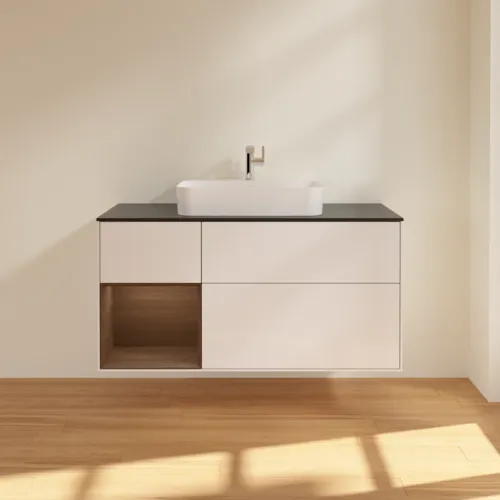 VILLEROY BOCH Toaletní skříňka Finion, s osvětlením, 3 výsuvy, 1200 x 603 x 501 mm, lesklý bílý lak / ořechová dýha / černé matné sklo #F412GNGF, obrázek 3