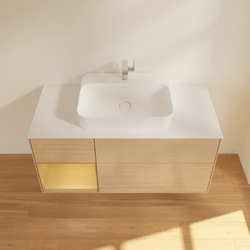 VILLEROY BOCH Toaletní skříňka Finion, s osvětlením, 3 výsuvy, 1200 x 603 x 501 mm, dubová dýha / zlatý matný lak / sklo bílé matné #F411HFPC, obrázek 4