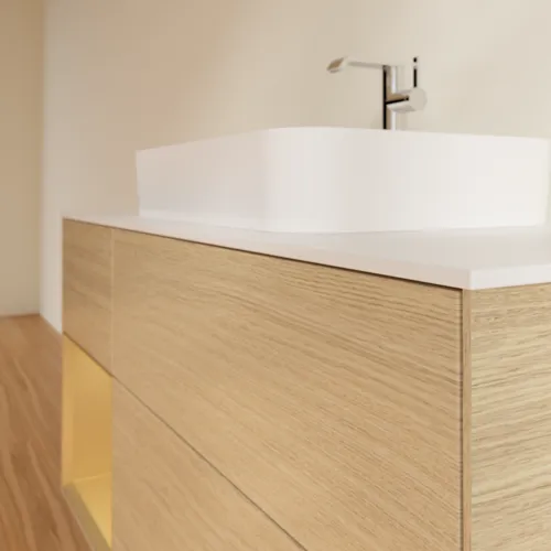 VILLEROY BOCH Toaletní skříňka Finion, s osvětlením, 3 výsuvy, 1200 x 603 x 501 mm, dubová dýha / zlatý matný lak / sklo bílé matné #F411HFPC, obrázek 6