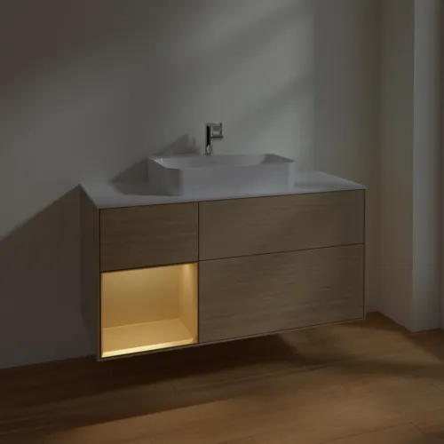 VILLEROY BOCH Toaletní skříňka Finion, s osvětlením, 3 výsuvy, 1200 x 603 x 501 mm, dubová dýha / zlatý matný lak / sklo bílé matné #F411HFPC, obrázek 5