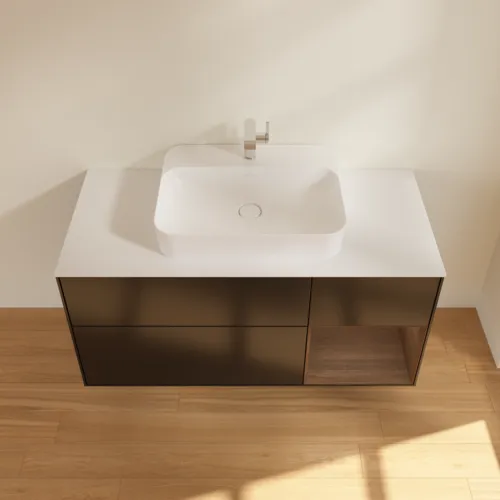 VILLEROY BOCH Toaletní skříňka Finion, s osvětlením, 3 výsuvy, 1200 x 603 x 501 mm, černý matný lak / ořechová dýha / bílé matné sklo #F421GNPD, obrázek 4