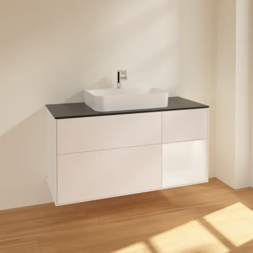 VILLEROY BOCH Toaletní skříňka Finion, s osvětlením, 3 výsuvy, 1200 x 603 x 501 mm, bílý matný lak / bílý matný lak / černé matné sklo #F422MTMT, obrázek 2