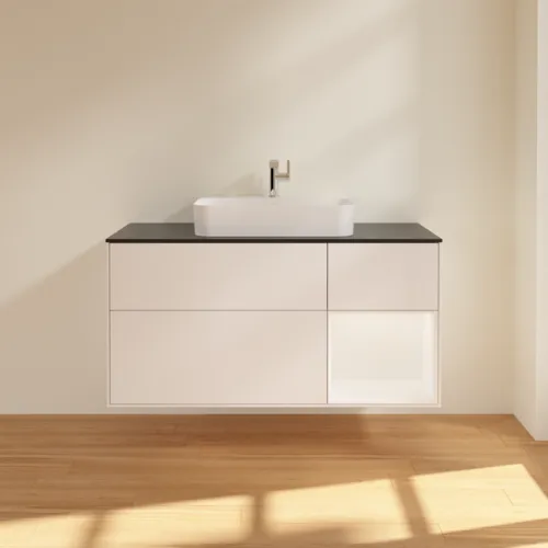 VILLEROY BOCH Toaletní skříňka Finion, s osvětlením, 3 výsuvy, 1200 x 603 x 501 mm, bílý matný lak / bílý matný lak / černé matné sklo #F422MTMT, obrázek 3