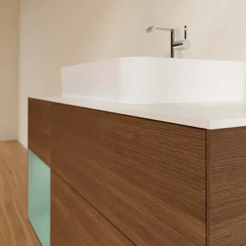VILLEROY BOCH Toaletní stolek Finion, s osvětlením, 3 výsuvy, 1200 x 603 x 501 mm, ořechová dýha / olivový matný lak / sklo bílé matné #F411GMGN, obrázek 6