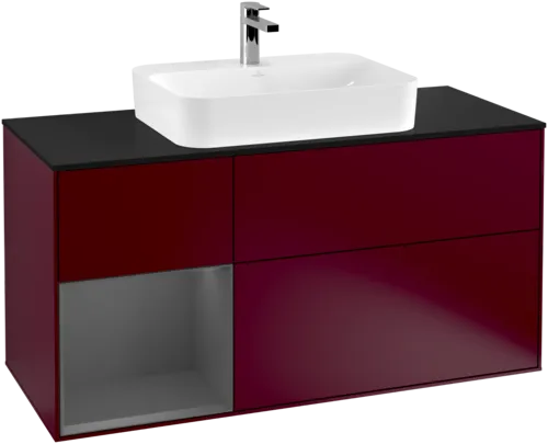 VILLEROY BOCH Toaletní skříňka Finion, s osvětlením, 3 výsuvy, 1200 x 603 x 501 mm, Pivoňka matný lak / Antracit matný lak / Sklo černé matné #F412GKHB, obrázek 1