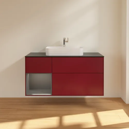VILLEROY BOCH Toaletní skříňka Finion, s osvětlením, 3 výsuvy, 1200 x 603 x 501 mm, Pivoňka matný lak / Antracit matný lak / Sklo černé matné #F412GKHB, obrázek 3
