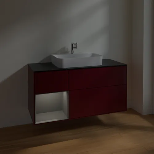 VILLEROY BOCH Toaletní skříňka Finion, s osvětlením, 3 výsuvy, 1200 x 603 x 501 mm, Pivoňka matný lak / Antracit matný lak / Sklo černé matné #F412GKHB, obrázek 5