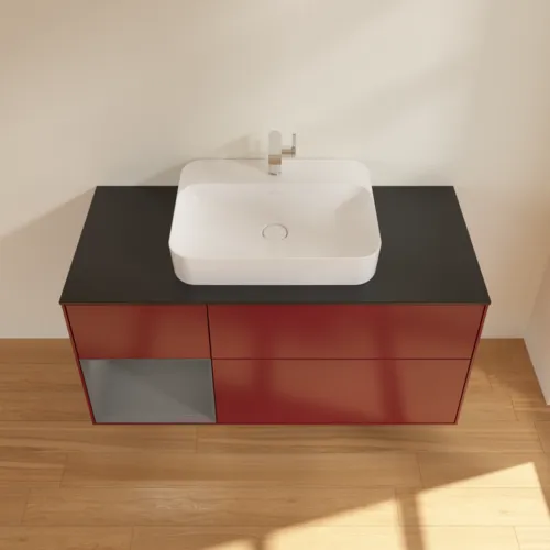VILLEROY BOCH Toaletní skříňka Finion, s osvětlením, 3 výsuvy, 1200 x 603 x 501 mm, Pivoňka matný lak / Antracit matný lak / Sklo černé matné #F412GKHB, obrázek 4