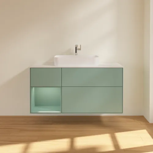 VILLEROY BOCH Toaletní skříňka Finion, s osvětlením, 3 výsuvy, 1200 x 603 x 501 mm, olivově matný lak / olivově matný lak / sklo bílé matné #F411GMGM, obrázek 3