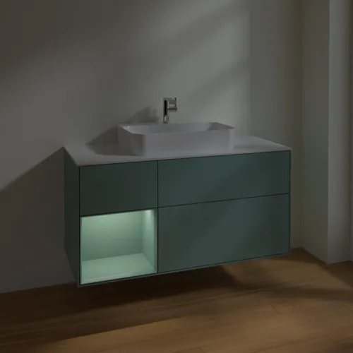 VILLEROY BOCH Toaletní skříňka Finion, s osvětlením, 3 výsuvy, 1200 x 603 x 501 mm, olivově matný lak / olivově matný lak / sklo bílé matné #F411GMGM, obrázek 5