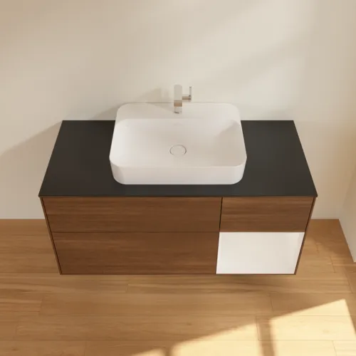 VILLEROY BOCH Toaletní skříňka Finion, s osvětlením, 3 výsuvy, 1200 x 603 x 501 mm, ořechová dýha / lesklý bílý lak / sklo černé matné #F422GFGN, obrázek 4