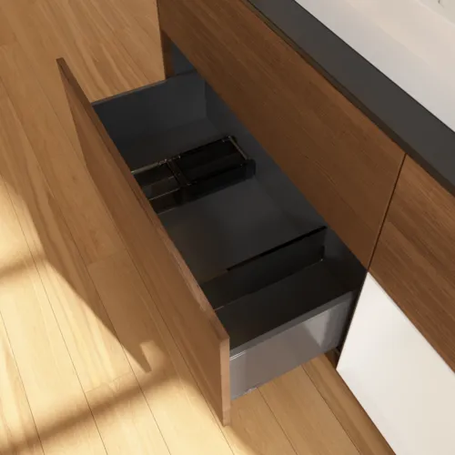 VILLEROY BOCH Toaletní skříňka Finion, s osvětlením, 3 výsuvy, 1200 x 603 x 501 mm, ořechová dýha / lesklý bílý lak / sklo černé matné #F422GFGN, obrázek 7