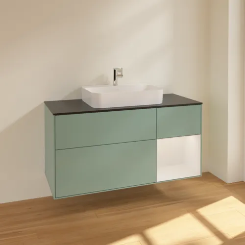 VILLEROY BOCH Toaletní skříňka Finion, s osvětlením, 3 výsuvy, 1200 x 603 x 501 mm, olivový matný lak / lesklý bílý lak / sklo černé matné #F422GFGM, obrázek 2