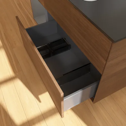 VILLEROY BOCH Toaletní skříňka Finion, s osvětlením, 3 výsuvy, 1200 x 603 x 501 mm, ořechová dýha / antracitový matný lak / černé matné sklo #F412GKGN, obrázek 7
