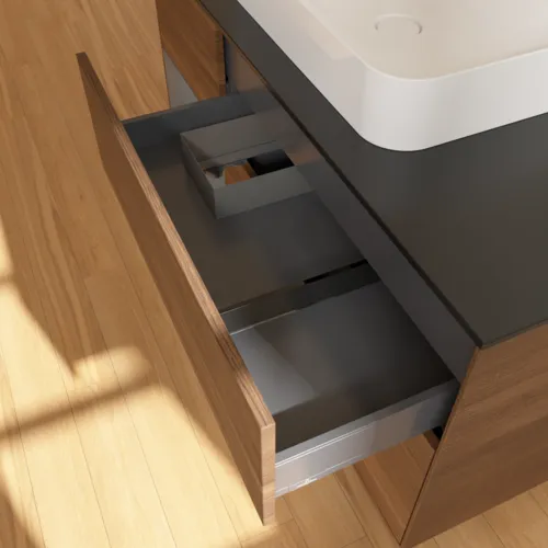 VILLEROY BOCH Toaletní skříňka Finion, s osvětlením, 3 výsuvy, 1200 x 603 x 501 mm, ořechová dýha / antracitový matný lak / černé matné sklo #F412GKGN, obrázek 8