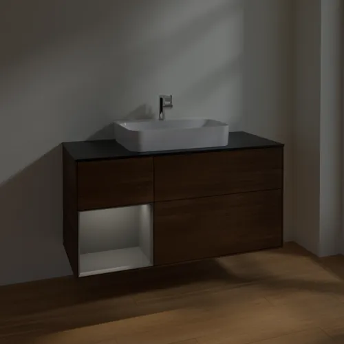 VILLEROY BOCH Toaletní skříňka Finion, s osvětlením, 3 výsuvy, 1200 x 603 x 501 mm, ořechová dýha / antracitový matný lak / černé matné sklo #F412GKGN, obrázek 5