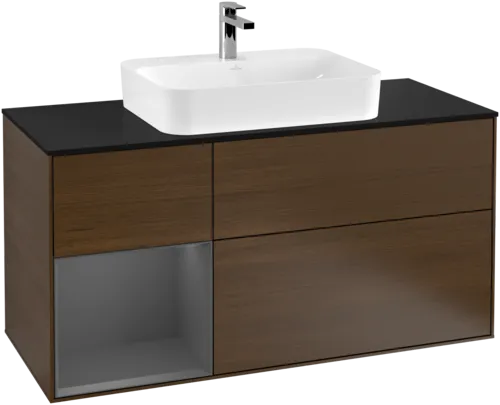 VILLEROY BOCH Toaletní skříňka Finion, s osvětlením, 3 výsuvy, 1200 x 603 x 501 mm, ořechová dýha / antracitový matný lak / černé matné sklo #F412GKGN