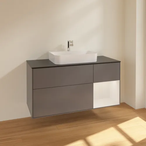 VILLEROY BOCH Toaletní skříňka Finion, s osvětlením, 3 výsuvy, 1200 x 603 x 501 mm, antracitový matný lak / lesklý bílý lak / černé matné sklo #F422GFGK, obrázek 2