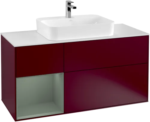 VILLEROY BOCH Toaletní skříňka Finion, s osvětlením, 3 výsuvy, 1200 x 603 x 501 mm, Pivoňka matný lak / Olivový matný lak / Sklo bílé matné #F411GMHB