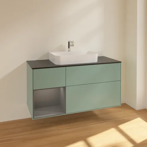 VILLEROY BOCH Toaletní skříňka Finion, s osvětlením, 3 výsuvy, 1200 x 603 x 501 mm, olivový matný lak / antracitový matný lak / černé matné sklo #F412GKGM, obrázek 2