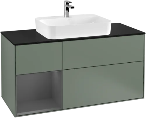 VILLEROY BOCH Toaletní skříňka Finion, s osvětlením, 3 výsuvy, 1200 x 603 x 501 mm, olivový matný lak / antracitový matný lak / černé matné sklo #F412GKGM