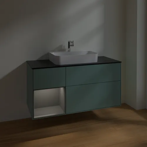 VILLEROY BOCH Toaletní skříňka Finion, s osvětlením, 3 výsuvy, 1200 x 603 x 501 mm, olivový matný lak / antracitový matný lak / černé matné sklo #F412GKGM, obrázek 5