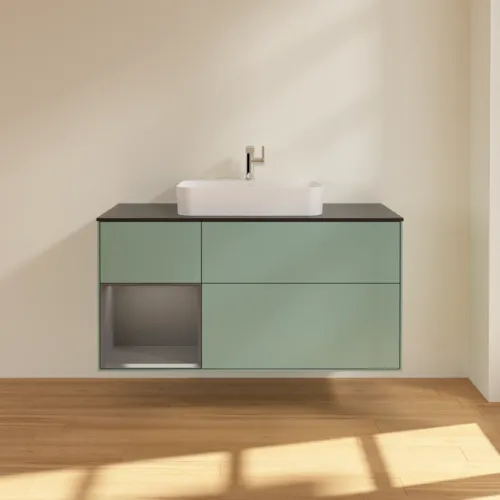 VILLEROY BOCH Toaletní skříňka Finion, s osvětlením, 3 výsuvy, 1200 x 603 x 501 mm, olivový matný lak / antracitový matný lak / černé matné sklo #F412GKGM, obrázek 3