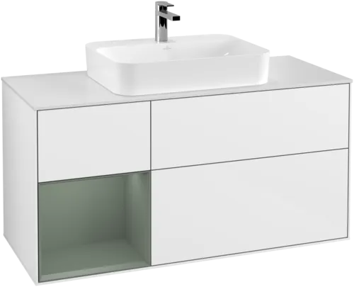 VILLEROY BOCH Toaletní skříňka Finion, s osvětlením, 3 výsuvy, 1200 x 603 x 501 mm, lesklý bílý lak / olivově matný lak / sklo bílé matné #F411GMGF