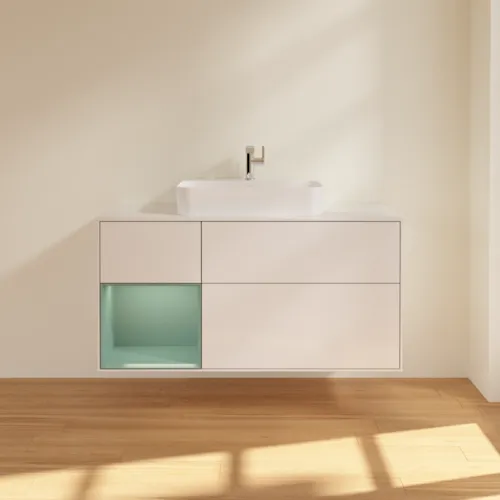 VILLEROY BOCH Toaletní skříňka Finion, s osvětlením, 3 výsuvy, 1200 x 603 x 501 mm, lesklý bílý lak / olivově matný lak / sklo bílé matné #F411GMGF, obrázek 3