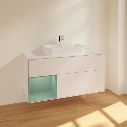 VILLEROY BOCH Toaletní skříňka Finion, s osvětlením, 3 výsuvy, 1200 x 603 x 501 mm, lesklý bílý lak / olivově matný lak / sklo bílé matné #F411GMGF, obrázek 2