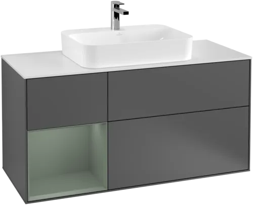 VILLEROY BOCH Toaletní skříňka Finion, s osvětlením, 3 výsuvy, 1200 x 603 x 501 mm, antracitový matný lak / olivový matný lak / bílé matné sklo #F411GMGK, obrázek 1