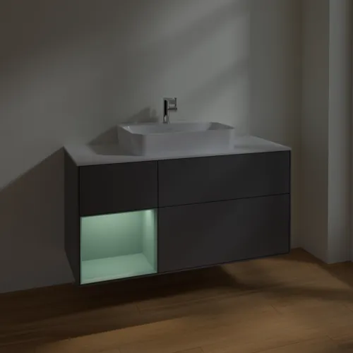 VILLEROY BOCH Toaletní skříňka Finion, s osvětlením, 3 výsuvy, 1200 x 603 x 501 mm, antracitový matný lak / olivový matný lak / bílé matné sklo #F411GMGK, obrázek 5