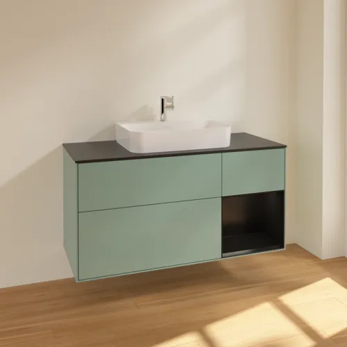 VILLEROY BOCH Toaletní skříňka Finion, s osvětlením, 3 výsuvy, 1200 x 603 x 501 mm, olivový matný lak / černý matný lak / černé matné sklo #F422PDGM, obrázek 2