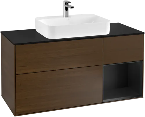 VILLEROY BOCH Toaletní skříňka Finion, s osvětlením, 3 výsuvy, 1200 x 603 x 501 mm, ořechová dýha / černý matný lak / černé matné sklo #F422PDGN