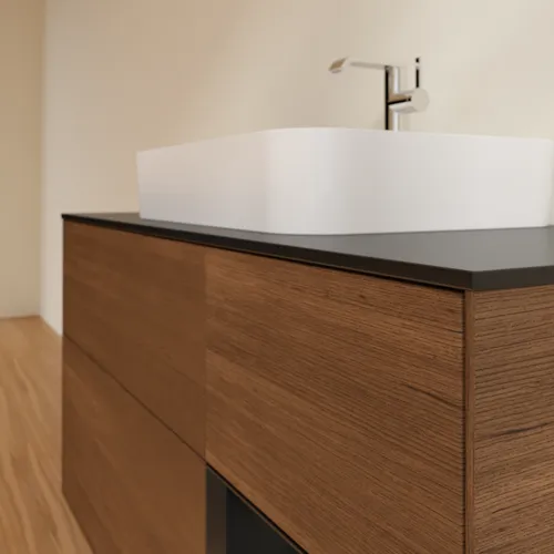 VILLEROY BOCH Toaletní skříňka Finion, s osvětlením, 3 výsuvy, 1200 x 603 x 501 mm, ořechová dýha / černý matný lak / černé matné sklo #F422PDGN, obrázek 6