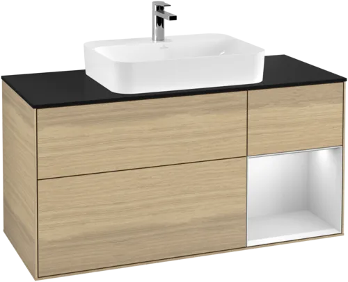 VILLEROY BOCH Toaletní skříňka Finion, s osvětlením, 3 výsuvy, 1200 x 603 x 501 mm, dubová dýha / bílý matný lak / černé matné sklo #F422MTPC
