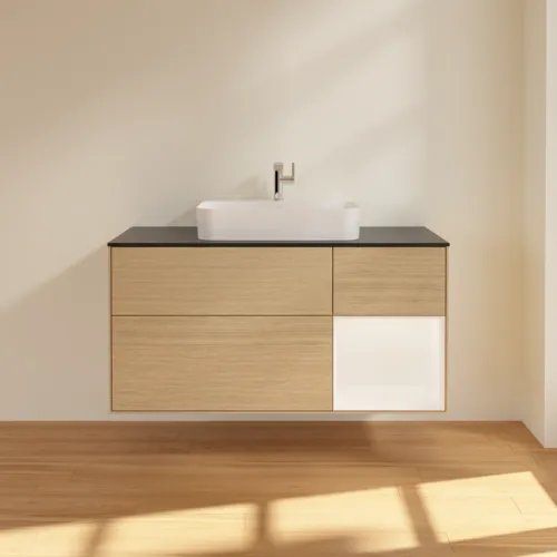 VILLEROY BOCH Toaletní skříňka Finion, s osvětlením, 3 výsuvy, 1200 x 603 x 501 mm, dubová dýha / bílý matný lak / černé matné sklo #F422MTPC, obrázek 3