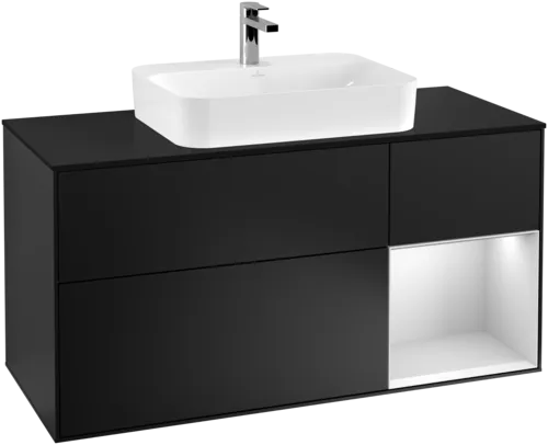 VILLEROY BOCH Toaletní skříňka Finion, s osvětlením, 3 výsuvy, 1200 x 603 x 501 mm, černý matný lak / bílý matný lak / černé matné sklo #F422MTPD, obrázek 1