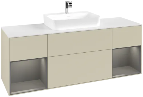 VILLEROY BOCH Toaletní skříňka Finion, s osvětlením, 4 výsuvy, 1600 x 603 x 501 mm, hedvábně šedý matný lak / antracitový matný lak / bílé matné sklo #F451GKHJ