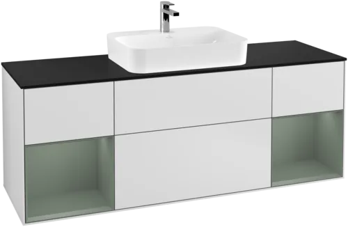 VILLEROY BOCH Toaletní skříňka Finion, s osvětlením, 4 výsuvy, 1600 x 603 x 501 mm, bílý matný lak / olivový matný lak / černé matné sklo #F452GMMT