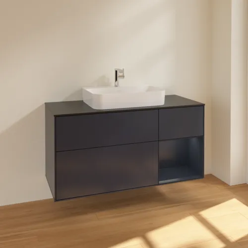VILLEROY BOCH Toaletní skříňka Finion, s osvětlením, 3 výsuvy, 1200 x 603 x 501 mm, Midnight Blue Matt Lacquer / Midnight Blue Matt Lacquer / Glass Black Matt #F422HGHG, obrázek 2