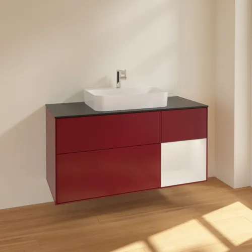 VILLEROY BOCH Toaletní skříňka Finion, s osvětlením, 3 výsuvy, 1200 x 603 x 501 mm, matný lak Peony / lesklý bílý lak / černé matné sklo #F422GFHB, obrázek 2