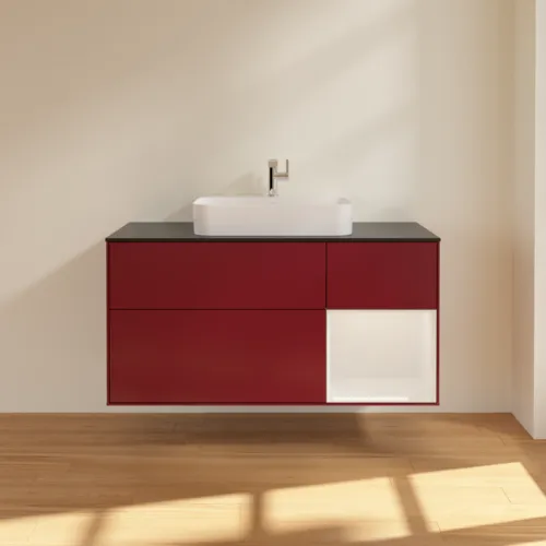 VILLEROY BOCH Toaletní skříňka Finion, s osvětlením, 3 výsuvy, 1200 x 603 x 501 mm, matný lak Peony / lesklý bílý lak / černé matné sklo #F422GFHB, obrázek 3