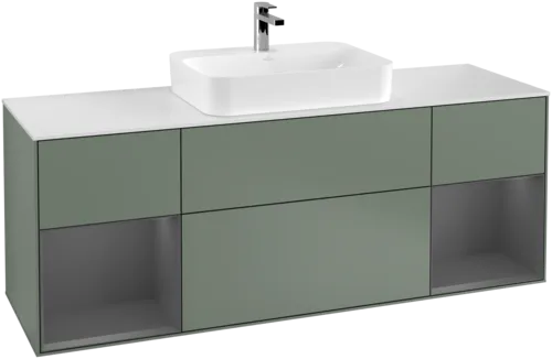 VILLEROY BOCH Toaletní skříňka Finion, s osvětlením, 4 výsuvy, 1600 x 603 x 501 mm, olivový matný lak / antracitový matný lak / bílé matné sklo #F451GKGM