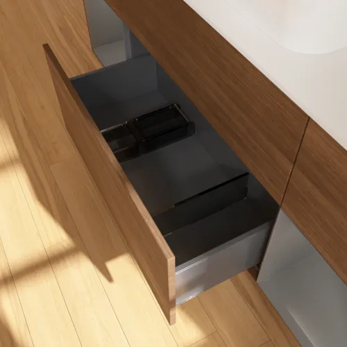 VILLEROY BOCH Toaletní skříňka Finion, s osvětlením, 4 výsuvy, 1600 x 603 x 501 mm, ořechová dýha / antracitový matný lak / bílé matné sklo #F451GKGN, obrázek 5