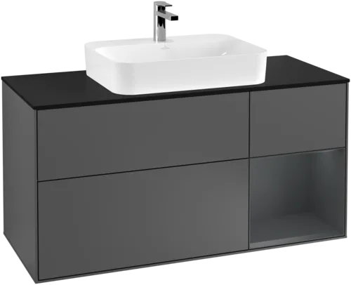 VILLEROY BOCH Toaletní skříňka Finion, s osvětlením, 3 výsuvy, 1200 x 603 x 501 mm, antracitový matný lak / půlnoční modrý matný lak / černé matné sklo #F422HGGK, obrázek 1